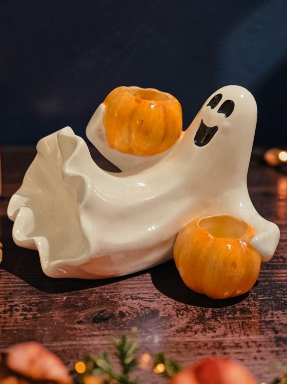 Fitz and Floyd Ceramic Ghost with Orange Pumpkin Holders